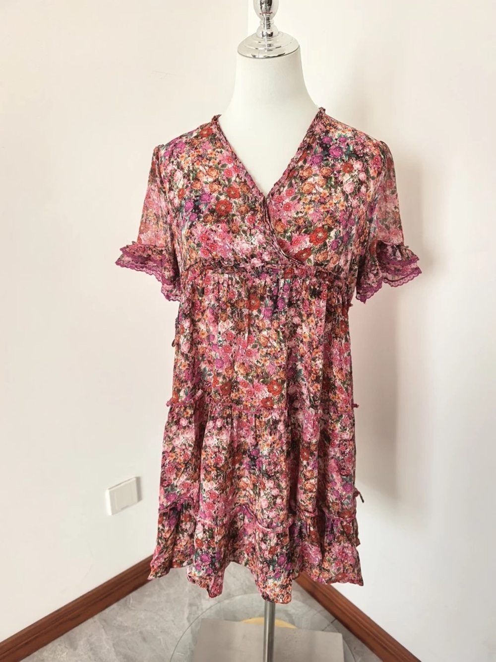 Floral Pink Tiered V-Neck Babydoll Dress